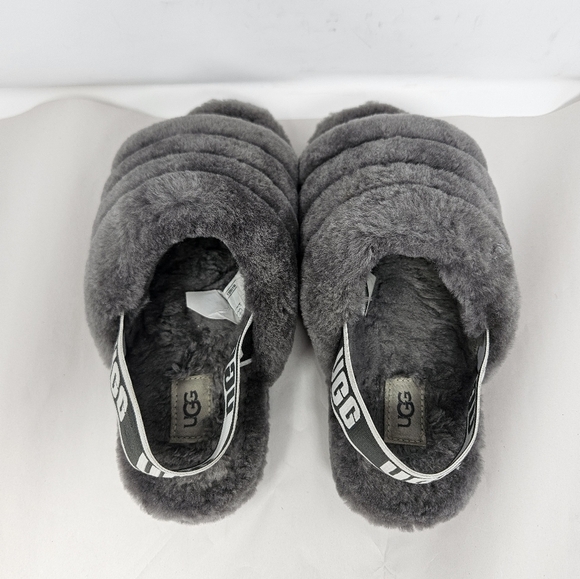 Ugg Womens Fur Slide Gray Fluff Yeah Sz 6 Sheepskin Elastic Heel Logo - Picture 5 of 12